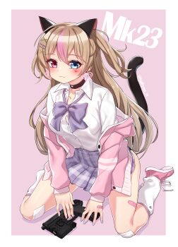 1girl :3 absurdres an/peq-6 bad_id bad_pixiv_id bandaid bandaid_on_hand bandaid_on_leg blue_eyes blue_nails blush border bow bowtie breasts cat_tail closed_mouth collared_shirt commentary dress_shirt earrings facial_mark fang fang_out female_focus flashlight full_body girls&#039;_frontline h&amp;k_mark_23 hair_ornament hairclip heart heart_earrings heckler_&amp;_koch highres insight_technology jewelry laser_aiming_module laser_pointer laser_sight leg_warmers long_hair long_sleeves match_grade match_grade_firearm match_grade_pistol medium_breasts miniskirt mk23_(girls&#039;_frontline) mk23_(new_term_begins_with_a_meow)_(girls&#039;_frontline) multicolored_hair nail_polish narynn necktie off_shoulder offensive_handgun outside_border pink_background pink_hair pink_nails pink_shoes plaid_clothes plaid_skirt pleated_skirt purple_bow purple_eyes purple_neckwear purple_skirt shirt shoes simple_background sitting skirt smile solo streaked_hair tactical_light tail two_side_up very_long_hair wariza white_border wing_collar x_hair_ornament