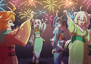 4girls absurdres ahoge animal_ears blonde_hair blue_hair commentary densetsu.exe djolk dokibird dress english_commentary ferret_ears ferret_girl fireworks ghost_girl green_dress green_hair highres indie_virtual_youtuber laimu_(vtuber) mint_fantome multiple_girls new_year open_mouth raccoon_ears raccoon_girl raccoon_tail smile snuffy_(vtuber) tail triangular_headpiece virtual_youtuber white_hair