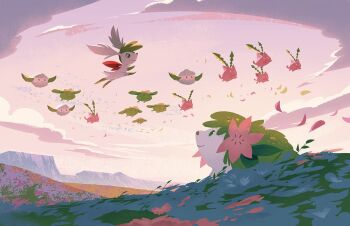 animal_focus cloud cottonee day field flower flying gen_2_pokemon gen_4_pokemon gen_5_pokemon grass hoppip jacki_li leaf legendary_pokemon mountain mountainous_horizon mythical_pokemon nintendo no_humans outdoors pink_flower plant pokemon pokemon_(creature) scenery shaymin shaymin_(sky) skiploom sky smile