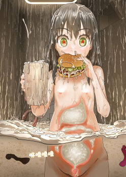 1girl bad_id bad_pixiv_id bdsm black_hair burger condom cum cum_bath cum_in_container cum_in_cup cum_in_nose cum_in_pussy cum_on_body cum_on_food cum_on_hair cup eating excessive_cum flat_chest food gokkun green_eyes highres holding holding_cup holding_food loli long_hair looking_at_viewer monster mug multicolored_eyes nipples nude orange_eyes peril pinky_out prisoner rxx tentacles used_condom wading what x-ray