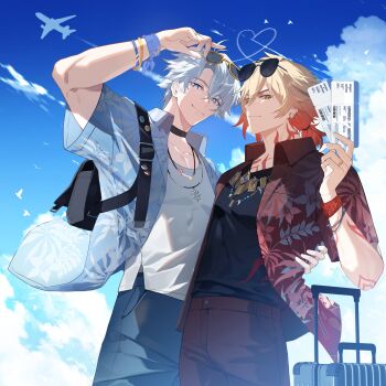 Rule 34 | 2boys, alternate costume, antenna hair, arm tattoo, bag, black bag, black choker, black pants, blonde hair, blue eyes, blue shirt, blue sky, bracelet, braid, chest tattoo, choker, collared shirt, commentary request, ear piercing, eyewear on head, facial tattoo, floral print shirt, gold necklace, gradient hair, highres, holding, holding ticket, honkai: star rail, honkai (series), jewelry, jujeop, korean commentary, male focus, medium hair, multicolored hair, multiple boys, mydei (honkai: star rail), necklace, open clothes, open shirt, pants, parted bangs, phainon (honkai: star rail), piercing, red hair, red shirt, red tattoo, shirt, short hair, side braid, sky, suitcase, tattoo, ticket, white hair, white shirt, yellow eyes