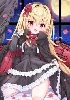 1girl :d animal bat_(animal) black_cape black_hairband blonde_hair bow cape commentary_request commission dress fang flower frilled_dress frills full_moon grey_dress hair_flower hair_intakes hair_ornament hairband hand_up highres indoors layered_dress long_hair long_sleeves moon multicolored_hair night night_sky open_mouth original petals pleated_dress puffy_long_sleeves puffy_sleeves red_bow red_eyes red_flower red_hair seiza sitting skeb_commission sky sleeves_past_wrists smile socks solo two-tone_hair very_long_hair white_socks window yomogi_(becr)