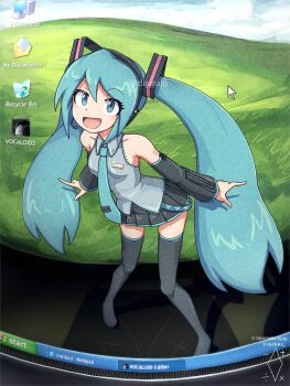 1girl :d aqua_hair aqua_necktie arm_tattoo artist_logo artist_name black_boots black_skirt bliss_(image) boots commentary cursor dated digiral english_commentary english_text full_body grey_shirt hatsune_miku headset highres logo long_sleeves looking_at_viewer microsoft_windows monitor necktie open_mouth shirt skirt sleeveless sleeveless_shirt smile solo standing start_menu tattoo thigh_boots twitter_username vocaloid windows_xp wing_collar