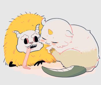 Rule 34 | anoko (chiikawa), chiikawa, closed eyes, commentary request, creature, dekatsuyo (chiikawa), full body, grey background, horns, hug, nagasode (nagasode0123), no humans, simple background, single horn