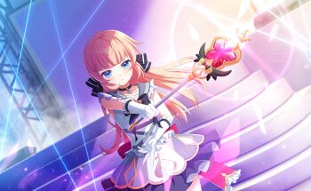 1girl ahoge black_ribbon blue_eyes choker dress game_cg gloves hair_ribbon heart highres long_hair looking_at_viewer low_twintails magical_girl motosu_towa ribbon solo third-party_source twintails white_gloves world_dai_star