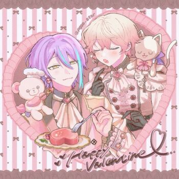 Rule 34 | :3, aqua streaks, black gloves, blush, cake, candy, candy heart, cat, closed eyes, commentary, earrings, food, fork, funsai seyo! unvalentine no fukushuu (project sekai), gloves, happy valentine, highres, holding, holding fork, implied yaoi, jewelry, kamishiro rui, long sleeves, open mouth, pgss star, project sekai, single earring, tenma tsukasa, untranslatable commentary, watermark