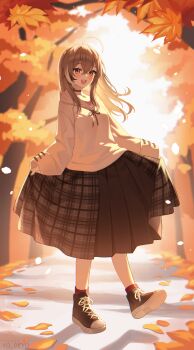 1girl absurdres ahoge artist_name autumn_leaves beyo black_hair black_shoes blush brown_eyes brown_hair brown_skirt commentary crossed_bangs day falling_leaves floating_hair full_body hair_between_eyes high_tops highres hololive hololive_english hood hoodie leaf long_hair long_skirt long_sleeves looking_at_viewer multicolored_hair nanashi_mumei nanashi_mumei_(casual) official_alternate_costume open_mouth outdoors plaid_clothes plaid_skirt pleated_skirt red_socks shoes skirt skirt_hold smile sneakers socks solo standing standing_on_one_leg streaked_hair tree virtual_youtuber white_hair white_hoodie