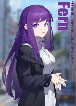1girl absurdres alternate_costume black_coat black_jacket blunt_bangs blurry blurry_background breasts buttons chinese_commentary closed_mouth coat commentary_request day depth_of_field earrings english_text fern_(sousou_no_frieren) highres jacket jewelry long_hair long_sleeves looking_at_viewer medium_breasts nail_polish open_clothes open_coat open_jacket outdoors own_hands_together purple_eyes purple_hair ring shirt sidelocks smile solo sousou_no_frieren standing turtleneck upper_body very_long_hair white_shirt xiangcha_shisui