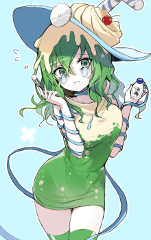 1girl bags_under_eyes blue_background bottle cherry cherry_hat_ornament cowboy_shot cream crossed_bangs dress drinking_straw emia_(castilla) food fruit green_dress green_eyes green_hair green_thighhighs hair_between_eyes hannakii hat high_collar highres holding holding_bottle holding_tweezers kimi_ga_shine long_hair looking_at_viewer raised_inner_eyebrows skin_tight sleeveless sleeveless_dress solo tearing_up thighhighs wavy_hair wavy_mouth witch_hat