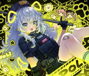Rule 34 | 3girls, 5kakuten, :3, absurdres, ammunition, ammunition belt, ammunition pouch, asymmetrical gloves, bandaid, bandaid on knee, bandaid on leg, baton (weapon), blue eyes, blue gloves, bulletproof vest, caution tape, character name, dog, drawn ears, dress, dutch angle, elbow gloves, gloves, goddess of victory: nikke, green eyes, gun, hat, highres, holding, holding baton (weapon), holding weapon, long hair, looking at viewer, messy hair, miranda (nikke), multiple girls, open mouth, paw print, pink eyes, pink hair, poli (nikke), police, police hat, police uniform, policewoman, pouch, quiry (nikke), shotgun shell, shoulder pads, single elbow glove, sitting, socks, thick eyebrows, uneven gloves, very long hair, weapon, white hair