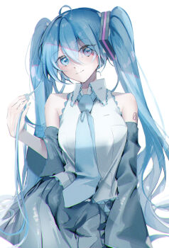 1girl absurdres ahoge aqua_eyes aqua_hair aqua_nails aqua_necktie aqua_trim arm_tattoo black_skirt breasts closed_mouth collared_shirt detached_sleeves hair_between_eyes hair_ornament hatsune_miku highres light_blush long_hair long_sleeves looking_at_viewer medium_breasts necktie number_tattoo pleated_skirt saksak_mocchiri shirt simple_background sitting skirt sleeveless sleeveless_shirt smile solo tattoo twintails very_long_hair vocaloid white_background white_shirt wide_sleeves