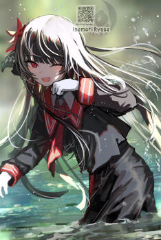 1girl black_hair black_shirt black_skirt commentary cowboy_shot day flower hair_flower hair_ornament highres inamori_ryusa long_hair long_sleeves looking_at_viewer mahou_shoujo_no_majo_saiban necktie nikaido_hiro one_eye_closed open_mouth outdoors red_eyes red_flower red_necktie shirt skirt smile solo splashing standing symbol-only_commentary wading water