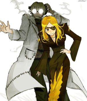 1boy 1girl blonde_hair cigarette commentary english_commentary eyepatch feet_out_of_frame franken_stein_(soul_eater) glasses hand_in_pocket highres lab_coat long_hair marie_mjolnir oestart short_hair signature simple_background smile smoke soul_eater white_background wide_sleeves