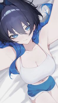 1girl absurdres armpits arms_up bare_shoulders bed_sheet black_hair blue_eyes blue_hair blue_shorts breasts camisole cleavage colored_inner_hair commentary crop_top dolphin_shorts double-parted_bangs english_commentary hair_between_eyes hair_intakes highres hololive hololive_english large_breasts long_hair looking_at_viewer lying midriff multicolored_hair navel official_alternate_hairstyle on_back ouro_kronii reaching reaching_towards_viewer short_shorts shorts solo virtual_youtuber white_camisole wolf_cut yoellim5