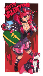 Rule 34 | 1girl, animification, apex legends, black footwear, black hat, black jacket, black shirt, border, box, collarbone, cyber punked wattson, eyepatch, eyeshadow, grey choker, happy valentine, hat, heart, heart-shaped box, highres, holding, holding box, hood, hood down, hooded jacket, horns, jacket, makeup, mutturi mamer18, nessie (respawn), official alternate costume, one eye covered, outside border, parted lips, pink eyes, pink eyeshadow, pointing, pointing up, purple lips, shirt, shoes, sneakers, solo, strapless, strapless shirt, stuffed toy, valentine, wattson (apex legends), white border