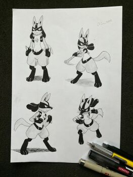 1boy animal_ears animal_feet animal_hands arms_at_sides art_tools_in_frame body_fur bone clenched_teeth closed_mouth fighting_stance from_side full_body furry furry_male gen_4_pokemon hands_up highres holding holding_bone j.jama jumping looking_afar lucario male_focus multiple_views nintendo photo_(medium) pokemon pokemon_(creature) profile serious simple_background snout spikes standing tail teeth traditional_media white_background wolf_boy wolf_ears wolf_tail