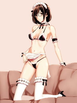 1girl absurdres apron bikini black_bikini black_hair blush breasts brown_eyes commentary_request frilled_bikini frills full_body glasses high_heels highres kneeling looking_at_viewer maid maid_bikini maid_headdress navel original parted_lips short_hair small_breasts swimsuit takano_masayuki thighhighs unconventional_maid white_thighhighs