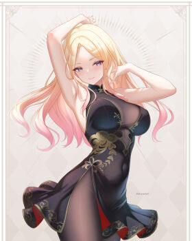 1girl akiyomi alternate_costume armpits arms_up bare_arms black_dress black_pantyhose blonde_hair blush breasts commentary dress gakuen_idolmaster gradient_hair highres idolmaster juo_sena large_breasts long_hair multicolored_hair pantyhose pink_hair sleeveless sleeveless_dress smile solo twitter_username very_long_hair