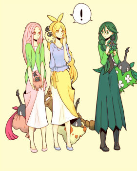 Rule 34 | !, 3girls, antenna hair, anthea (pokemon), basket, black boots, blonde hair, blue shirt, boots, braid, burmy, burmy (plant), burmy (sandy), burmy (trash), chen (1717), cheryl (pokemon), color connection, commentary request, concordia (pokemon), full body, gen 4 pokemon, green eyes, green hair, green jacket, green skirt, hair over shoulder, holding, holding basket, holding polearm, holding weapon, in-franchise crossover, jacket, leaf, long hair, multiple girls, nintendo, on shoulder, pink eyes, pink hair, pokemon, pokemon (creature), pokemon bw, pokemon dppt, pokemon on shoulder, polearm, rock, shared speech bubble, shirt, simple background, single braid, skirt, speech bubble, spoken exclamation mark, standing, weapon, white shirt, wormadam, wormadam (plant), wormadam (sandy), wormadam (trash), yellow eyes