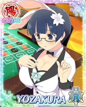 1girl :o animal_ear_hairband animal_ears blue_eyes blue_hair blush bow bowl_cut bowtie breasts card_(medium) cleavage detached_collar fake_animal_ears flower formal_clothes game_cg hair_flower hair_ornament hairband highleg indoors large_breasts looking_down non-web_source official_alternate_costume official_art playboy_bunny rabbit_ear_hairband rabbit_ears senran_kagura senran_kagura_new_wave solo suit white_suit wrist_cuffs yozakura_(senran_kagura)