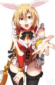 1girl alice&#039;s_adventures_in_wonderland alternate_costume analog_clock animal_ears black_bow black_bowtie black_thighhighs blonde_hair bow bowtie breasts chain chain_around_neck cleavage clock cosplay cowboy_shot detached_sleeves goblin_slayer! highres kankitukou large_breasts looking_at_viewer noble_fencer_(goblin_slayer!) open_mouth rabbit_ears reaching reaching_towards_viewer red_vest round_eyewear short_hair teeth thighhighs thighs upper_teeth_only vest white_background white_rabbit_(alice_in_wonderland) white_rabbit_(alice_in_wonderland)_(cosplay) yellow_eyes