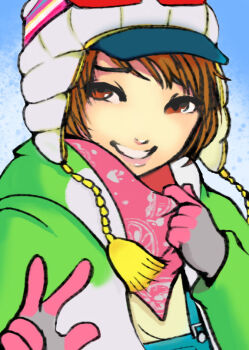 1girl bandana bandana_around_neck beanie blue_overalls bob_cut brown_eyes brown_hair earflap_beanie furrowed_brow gloves green_jacket grin hat jacket looking_at_viewer official_alternate_costume overalls persona persona_4 persona_4_the_golden pink_bandana pink_gloves pink_lips portrait satonaka_chie sergep short_hair smile solo white_hat winter_clothes