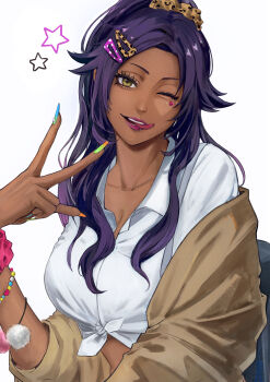 1girl 2025 absurdres bleach breasts brown_jacket facial_mark fingernails gyaru heart heart_facial_mark highres jacket jewelry large_breasts long_fingernails looking_at_viewer multicolored_nails open_clothes open_jacket shihouin_yoruichi shirt smile solo teeth tongue tongue_out uno_0a white_shirt yellow_eyes