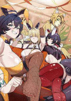 4girls animal_ear_fluff animal_ears arm_up arms_up ass belle_(zenless_zone_zero) black_bow black_bowtie black_hair black_pantyhose blonde_hair blurry blurry_background bow bowtie breasts card cat_ears cat_girl colored_inner_hair crossed_bangs crossed_legs ellen_joe evelyn_chevalier fake_animal_ears fins fish_tail fishnet_gloves fishnet_pantyhose fishnets furry furry_female gloves green_eyes grin highres hiphighs holding holding_card indoors large_breasts leotard looking_at_viewer multicolored_hair multiple_girls pantyhose playboy_bunny pulchra_fellini purple_eyes rabbit_ears red_eyes red_hair red_hiphighs reverse_bunnysuit reverse_outfit shark_girl shark_tail short_hair single_glove smile tail variant_set yellow_fur yellow_leotard yusi_vishnu zenless_zone_zero