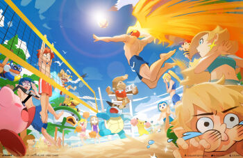 &gt;_&lt; 5girls 6+boys =_= animal_crossing attack ball beach beach_volleyball bikini bird blue_eyes blue_male_swimwear blue_sky bowser_jr. breasts brown_hair captain_falcon chair cheerleader closed_eyes cloud day diddy_kong donkey_kong donkey_kong_(series) f-zero facepalm fire fire_emblem fire_emblem:_mystery_of_the_emblem fire_emblem:_the_binding_blade fox_mccloud gen_1_pokemon glasses hat helmet innertube jisu jisuart jumping junior_clown_car kirby kirby_(series) lens_flare lifeguard lifeguard_chair link long_hair male_swimwear mario_(series) marth_(fire_emblem) mega_man_(character) mega_man_(classic) mega_man_(series) meta_knight metroid midair midriff monkey mother_(series) mother_2 multiple_boys multiple_girls navel ness_(mother_2) nintendo o3o one-piece_swimsuit open_mouth orange_male_swimwear outdoors palm_tree pikachu pikmin_(creature) pikmin_(series) playing_sports pointy_ears pokemon pokemon_(creature) pom_pom_(cheerleading) princess_peach princess_zelda rosalina roy_(fire_emblem) samus_aran sand sand_castle sand_sculpture seagull short_hair sky smile sports_bikini squirtle star_fox sunglasses sunlight super_mario_bros._1 super_mario_galaxy super_smash_bros. swim_ring swim_trunks swimsuit tears the_legend_of_zelda the_legend_of_zelda:_the_wind_waker the_legend_of_zelda:_twilight_princess topless_male tree villager_(animal_crossing) volleyball volleyball_(object) volleyball_net