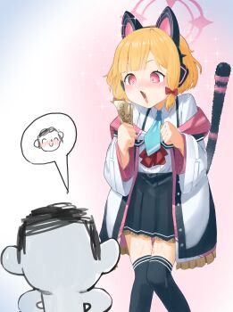 1boy 1girl absurdres animal_ear_headphones animal_ears aqua_necktie black_skirt black_thighhighs blonde_hair blue_archive blush bow cat_ear_headphones cat_ears cat_tail doodle_sensei_(blue_archive) fake_animal_ears fang hair_bow halo headphones highres holding holding_money jacket loli mirumiruchan momoi_(blue_archive) money necktie nose_blush open_mouth pink_eyes pink_halo pussy_juice red_bow sensei_(blue_archive) shirt skirt spoken_character tail thighhighs white_jacket white_shirt
