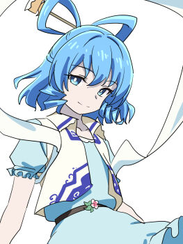 Rule 34 | 1girl, baasaku (balasaku24), belt, black belt, blue dress, blue eyes, blue hair, blue trim, bow-shaped hair, closed mouth, commentary request, dress, flower, frilled dress, frills, hair intakes, hairstyle request, highres, kaku seiga, light smile, looking at viewer, partial commentary, puffy short sleeves, puffy sleeves, ribbon, short hair, short sleeves, solo, split mouth, touhou, upper body, vest, white ribbon, white vest
