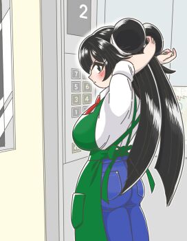 Rule 34 | 1girl, adjusting hair, annoyed, apron, arms up, ass, black eyes, black hair, blue pants, breasts, commentary request, denim, double bun, elevator, green apron, hair bun, harashima rojami, highres, huge breasts, jeans, kazkitashima, low twintails, ministry of land infrastructure and transportation, original, pants, poster (object), sleeves rolled up, solo, twintails