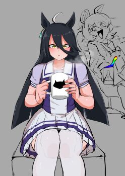 2girls agnes_tachyon_(umamusume) ahoge animal_print black_hair cat_print chair collarbone cup ear_ornament ear_tag earrings grey_background hair_between_eyes hands_up highres holding holding_cup jewelry long_hair long_hair_between_eyes manhattan_cafe_(umamusume) mug multicolored_hair multiple_girls open_mouth parted_lips pleated_skirt puffy_short_sleeves puffy_sleeves purple_shirt rainbow_liquid sailor_collar school_uniform shirt short_sleeves simple_background single_earring skirt steam steaming_cup swivel_chair thighhighs tracen_school_uniform two-tone_shirt umamusume very_long_hair veth_free white_hair white_sailor_collar white_shirt white_skirt white_thighhighs yellow_eyes