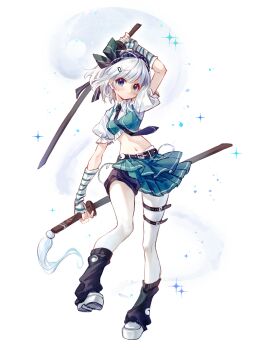 Rule 34 | 1girl, 80isiiii, absurdres, adapted costume, belt, black hairband, black leg warmers, black necktie, blush, chinese commentary, closed mouth, collared shirt, commentary request, commission, crop top, dual wielding, fingerless gloves, full body, gloves, green eyes, green skirt, green vest, grey hair, hairband, highres, hitodama, holding, holding sword, holding weapon, konpaku youmu, konpaku youmu (ghost), leg warmers, medium hair, midriff, navel, necktie, pantyhose, puffy short sleeves, puffy sleeves, second-party source, shirt, shoes, short sleeves, skirt, solo, sword, thigh belt, thigh strap, touhou, vest, watermark, weapon, white shirt