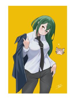 1boy 1girl absurdres animal_ears black_necktie black_pants blush breasts cat_ears chibi chibi_inset closed_mouth collared_shirt crusch_karsten felix_argyle green_hair hair_between_eyes head_tilt highres holding holding_jacket holding_unworn_clothes jacket long_hair long_sleeves looking_at_viewer miarin141 multiple_girls necktie pants re:zero_kara_hajimeru_isekai_seikatsu shirt signature simple_background solo_focus unworn_jacket white_shirt yellow_background yellow_eyes