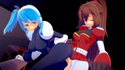 1futa 1girl 3d android animated armor bad_id bad_tag bad_twitter_id bent_over black_bodysuit blue_eyes blue_hair bodysuit bouncing_breasts breasts brown_hair covered_erect_nipples cum futa_with_female futanari green_eyes hanging_breasts headset helmet iris_(mega_man) lluanhyperzero long_hair mega_man_(series) mega_man_x_(series) mega_man_x_dive multiple_girls orgasm penetration_through_clothes penis ponytail reploid rico_(mega_man) robot_girl sex sex_from_behind short_hair side_ponytail sound standing standing_sex tagme testicles video