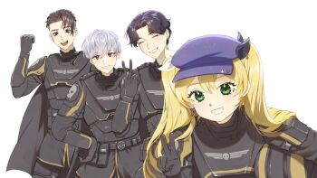 1girl 3boys armor black_cape black_eyes black_gloves black_hair blonde_hair blue_headwear cape character_request closed_eyes cosplay darkgreyclouds dokibird dokibird_(retro_doki) earrings gloves green_eyes han_byeol hat helldiver_(helldivers) helldiver_(helldivers)_(cosplay) helldivers_(series) indie_virtual_youtuber jewelry looking_at_viewer multiple_boys red_eyes rpr simple_background single_earring smile twintails upper_body v virtual_youtuber white_background white_hair