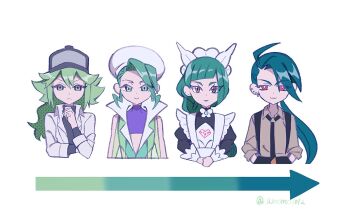 Rule 34 | 2boys, 2girls, amomo1012, arrow (symbol), black dress, black hat, black necktie, black shirt, brown shirt, closed mouth, color connection, commentary request, dress, ear piercing, green eyes, green hair, grey eyes, hair color connection, hands in pockets, hat, highres, lebanne (pokemon), long hair, long sleeves, looking at viewer, maid, maid headdress, multiple boys, multiple girls, n (pokemon), necktie, nintendo, piercing, pokemon, pokemon bw, pokemon legends: z-a, pokemon oras, pokemon sv, ponytail, red eyes, rika (pokemon), shirt, short hair, smile, suspenders, twitter username, undershirt, upper body, wallace (pokemon), white hat, white shirt