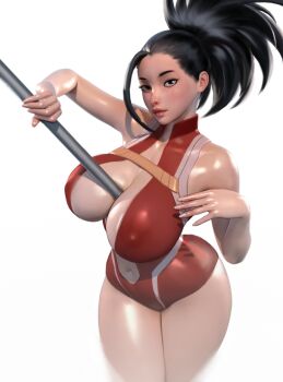 1girl 3d absurdres black_eyes black_hair boku_no_hero_academia breasts cleavage curvy highres huge_breasts leotard lips long_hair looking_at_viewer navel ponytail popogori solo stomach thick_thighs thighs weapon white_background wide_hips yaoyorozu_momo