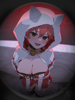 1girl absurdres animal_hood belt belt_collar black_belt black_choker black_collar blush breasts capelet cat_hair_ornament cat_hood choker cleavage collar green_eyes hair_between_eyes hair_ornament hairclip hanazawa_ma highres hololive hood large_breasts looking_at_viewer open_mouth pink_hair red_shorts red_skirt red_sky sakura_miko sakura_miko_(work) shorts signature skirt sky smile solo teeth thighhighs virtual_youtuber white_capelet white_hood white_thighhighs