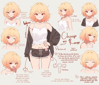 1girl absurdres black_cardigan black_shorts blonde_hair breasts broken_heart cardigan reference_sheet chouya_renge closed_mouth collarbone commentary cowboy_shot dolphin_shorts english_commentary english_text grin heart highres long_tongue looking_at_viewer navel off_shoulder one_eye_closed open_cardigan open_clothes open_mouth orange_hair original red_eyes salacia014 scar scar_on_neck short_hair short_shorts shorts simple_background small_breasts smile tank_top tattoo tongue tongue_out upper_body white_tank_top