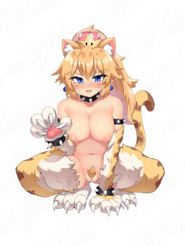 1girl absurdres animal_ears animal_hands armlet black_collar blonde_hair blonde_pubic_hair blue_eyes blush bowser bowsette bracelet breasts cat_ears cat_girl cat_tail claws cleft_of_venus collar completely_nude cowfee crown elbow_gloves extra_ears fangs female_pubic_hair forked_eyebrows full_body fur fur_gloves gloves gluteal_fold hand_up high_ponytail highres jewelry long_hair looking_at_viewer mario_(series) medium_breasts meowser moderate_pubic_hair new_super_mario_bros._u_deluxe nintendo nipples nose_blush nude open_mouth paw_gloves pointy_ears ponytail pubic_hair pussy simple_background slit_pupils smile solo spiked_armlet spiked_bracelet spiked_collar spikes spread_legs squatting super_crown super_mario_3d_world tagme tail thighhighs uncensored watermark whiskers white_background