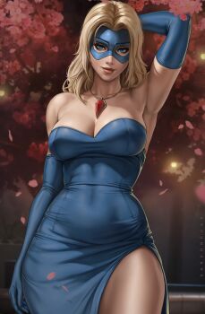 1girl absurdres amulet areola_slip arm_behind_head armpits blonde_blazer blonde_hair blue_dress blue_eyes blue_gloves blue_mask breasts cherry_blossoms cleavage covered_navel dandon_fuga dispatch domino_mask dress elbow_gloves eye_mask gloves highres jewelry large_breasts looking_at_viewer mask necklace paid_reward_available parted_bangs side_slit smile solo strapless strapless_dress thighs tight_clothes tight_dress toned toned_female wardrobe_malfunction