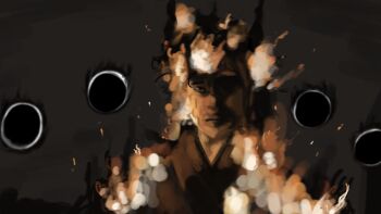 Rule 34 | 1boy, black eyes, black robe, black tunic, blurry, bokeh, burning, commentary, depth of field, eclipse, embers, english commentary, facing viewer, fire, highres, horns, light frown, male focus, multiple moons, mystichromatic, official alternate costume, partially shaded face, robe, shadow slave, solo, sunny (shadow slave), tunic, upper body