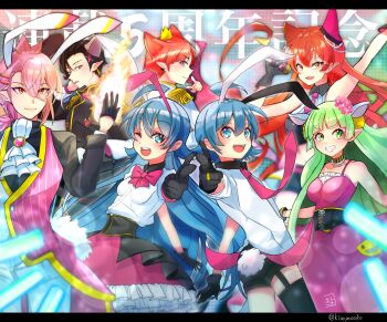 1other 3boys 3girls absurdres animal_ears artist_name ascot asmodeus_alice azazel_ameri black_garter_straps black_gloves bow breasts cat_ears dress epaulettes fake_animal_ears flower garter_straps genderswap genderswap_(mtf) gloves glowstick green_eyes green_hair hair_flower hair_ornament hairclip hand_up highres holding holding_microphone idol_clothes jewelry ki00yo00ko long_hair mairimashita!_iruma-kun microphone multiple_boys multiple_girls naberius_kalego necktie opera_(iruma-kun) orange_hair pink_bow pink_dress pink_necktie pointing pointing_at_viewer pointy_ears rabbit_ears rabbit_tail ring small_breasts standing suzuki_iruma tail thighhighs valac_clara very_long_hair white_ascot x_hair_ornament