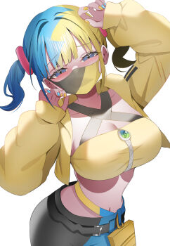 1girl aa44 arm_up blonde_hair blue_eyes blue_hair blue_nails blush breasts canari_(pokemon) commentary crop_top hair_ornament hand_up highres large_breasts looking_at_viewer mask midriff mouth_mask multicolored_hair nail_polish nintendo pants pokemon pokemon_legends:_z-a simple_background solo split-color_hair twintails two-tone_pants white_background yellow_nails zipper_pull_tab