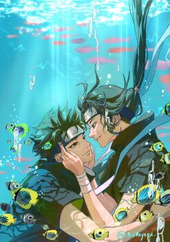 2boys bandaged_wrist bandages black_hair black_shirt closed_mouth commentary eye_contact face-to-face fish forehead_protector from_side hair_tie hands_on_another's_cheeks hands_on_another's_face high_collar highres konohagakure_symbol long_hair looking_at_another male_focus momoyoru1 multiple_boys naruto_(series) naruto_shippuuden parted_lips shirt short_hair submerged teeth twitter_username uchiha_itachi uchiha_shisui underwater yaoi