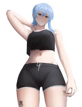 1girl alternate_costume arm_behind_head black_shirt black_shorts blue_eyes blue_hair breasts chika_232 feet_out_of_frame from_below highres hololive hoshimachi_suisei long_hair looking_at_viewer navel open_mouth shirt shorts solo sportswear standing strapless strapless_shirt white_background