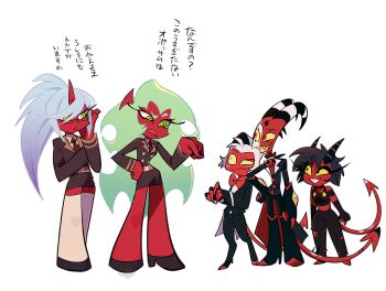 2boys 3girls black_hair blitzo_(helluva_boss) blue_hair colored_skin crossover demon_boy demon_girl demon_horns demon_tail green_eyes green_hair hellaverse helluva_boss highres horns kneesocks_(psg) looking_at_another mekimeki_doodle millie_(helluva_boss) moxxie_(helluva_boss) multiple_boys multiple_girls panty_&amp;_stocking_with_garterbelt red_skin scanty_(psg) tail white_hair