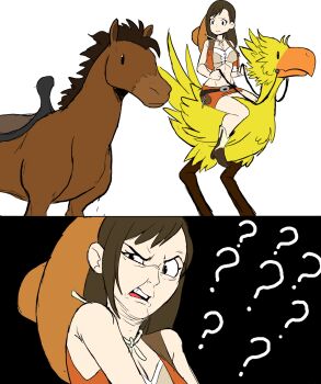 2koma belt boots breasts brown_hair chocobo cleavage cleft_of_venus comic confused cowboy_boots cowboy_hat cowgirl_outfit disgust final_fantasy final_fantasy_vii hat highres horse midriff navel official_alternate_costume reins riding saddle simple_background skirt teevo tifa_lockhart vest